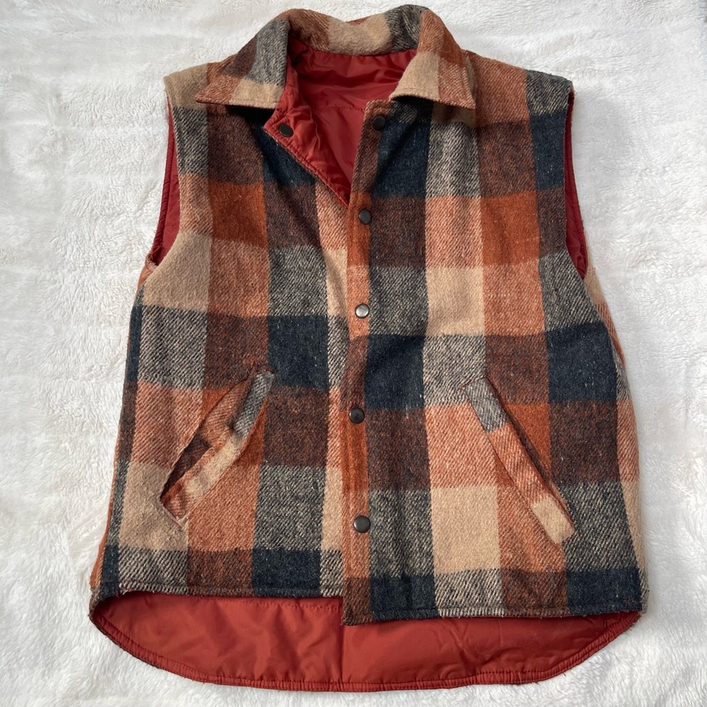 Mens Vintage Reversible Rust Orange Plaid Flannel Snap Vest Jacket